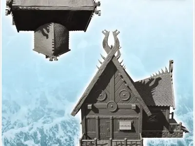 Wooden viking house on platform with double stairs and annex 12  3D print model