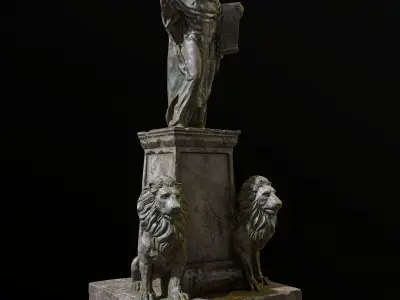 Old Sage statue with two lions Low-poly 3D model