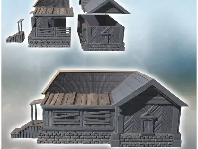 Large wooden building with a stone foundation steps leading to t 3D print model