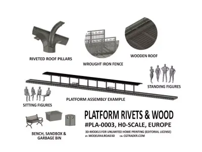 PLA-0003 Platform set Rivets and Wood set H0-scale 25 items 3D print model