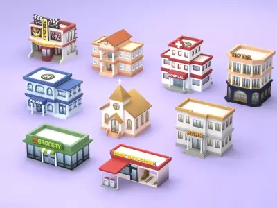Cartoon Low Poly Building Pack Set2 Low-poly 3D model