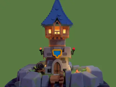 Stylized Fantasy Tower on Island Low-poly 3D model