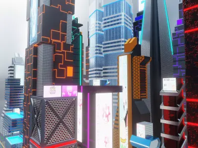 Sci Fi Building City with Roads Lights Screens - Low Poly PBR Low-poly 3D model