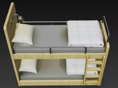 Modern Wooden Bunk Bed Hostel Bed with Ladder and Reading Lamps 3D model