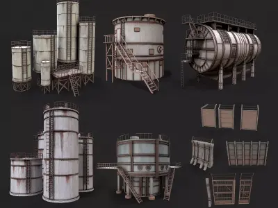 Post Apo Silo Tank and Fence Collection Low-poly 3D model