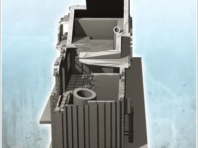 Two-storey brick factory with chimney and steel beam destroyed v 3D print model