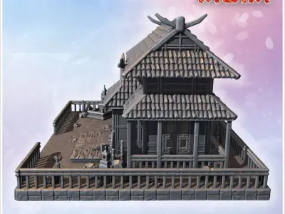 Large Japanese house with symmetrical tiled roof wooden pillars  3D print model