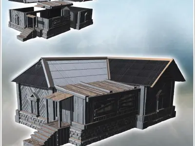 Large wooden building with a stone foundation steps leading to t 3D print model