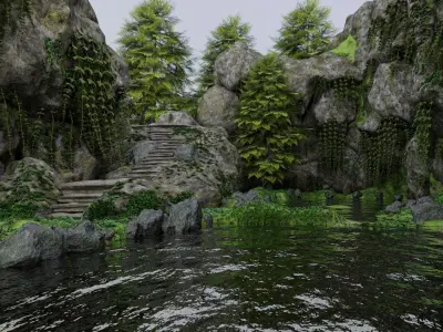 Scene rock garden with trees and rocks 3D model