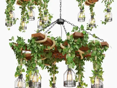 Wood Ceiling Lamp with Rope 3D model