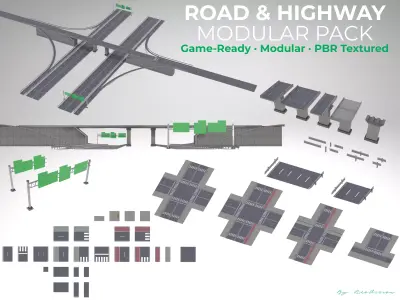 Modular Highway  City Road Kit  Game Ready Low-poly 3D model