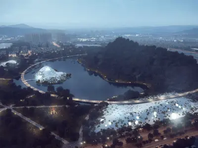 Futuristic Lakeside Park with Organic Hill Pavilions 3D model