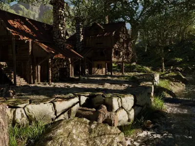 Cabin River Landscape Scene 3D model