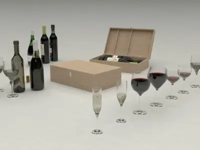 Wine set bottles in wooden box 3D model