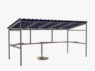 Bus Shelter with Metal Frame Blue Sheet Makeshift Plank Seats Low-poly 3D model