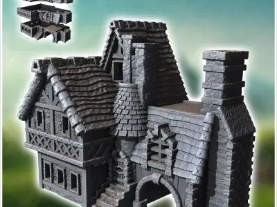 Tiled-roof medieval building with fireplace access staircase and 3D print model