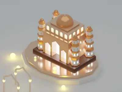 Golden Metallic Islamic Mosque with Lantern and Light 3D Model Low-poly 3D model