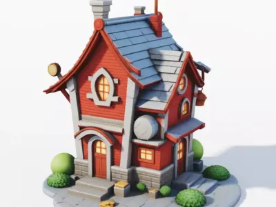 Cute Cartoon House 3D Red Wooden Cottage Game Low-poly 3D model