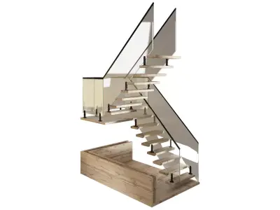 Wooden staircase with glass railing 3D model