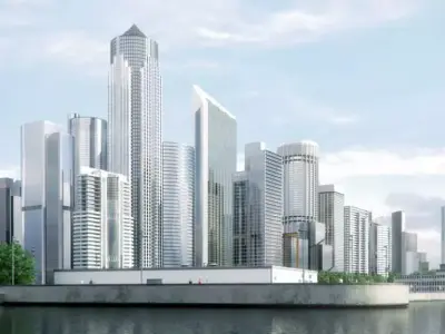 Skyscrapers Collection city with tall buildings near body of ... 3D model