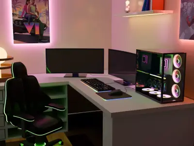 Isometric Gaming Room - Stylized RGB PC Setup 3D model