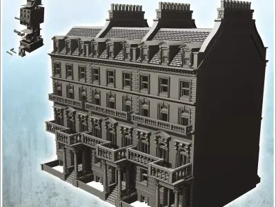 Large modern building with balcony and chimneys with low wall 30 3D print model