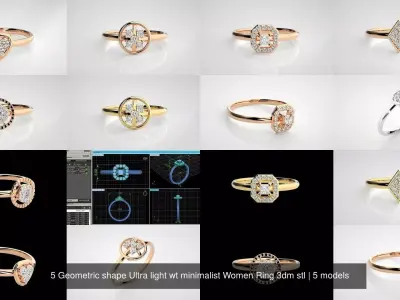 5 Geometric shape Ultra light wt minimalist Women Ring 3dm stl 3D Model Pack