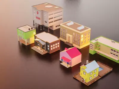Stylized Residential Building Set Low-poly 3D model