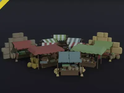 Cartoon medieval city markets Polygonal Style 3D Model Pack