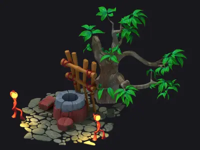 Cartoon well  stone well  water vine tree fence 3D model