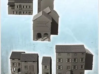 Set of four European houses with terrace and columns 10 - Modern 3D print model