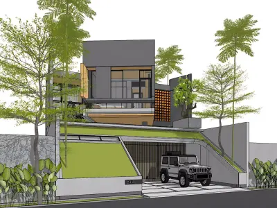 3D Model Modern 2 Story Contemporary House Facade Cantilever  3D model