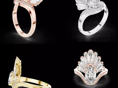 Baguette Fan Halo Engagement Ring CAD Design 3D print model