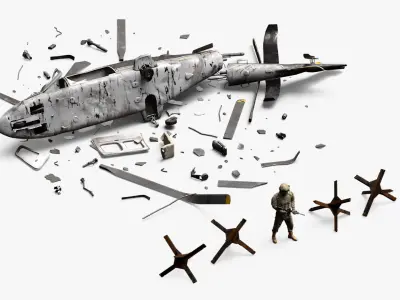  War Zone with Helicopter Wreckage and Soldier 