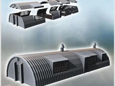 Long corrugated metal building with multiple windows and chimney 3D print model