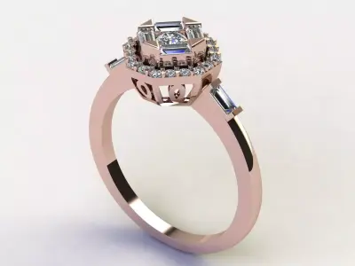 Art Deco Halo Diamond Ring with Baguette Cut 3D print model