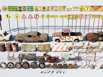 Post-Apocalyptic Survival Urban City Props and Road Signs Pack Low-poly 3D model