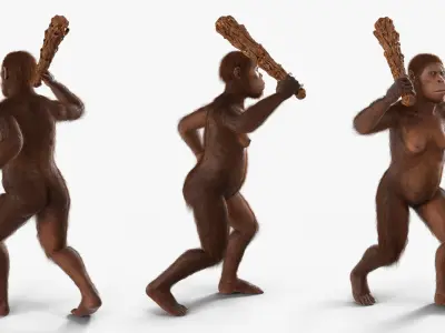  Prehistoric Hominid with Wooden Club in Attack Pose Fur for Maya 