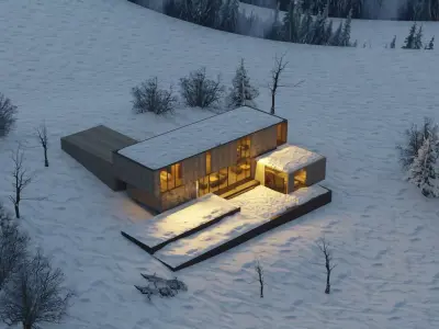 Modern Winter Cabin in snowy Scene Low-poly 3D model