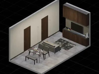 Isometric Open Space Interior Living Dining Room 3D model
