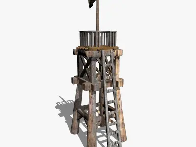 Wooden Tower with a Flag Low-poly 3D model