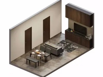 Isometric Open Space Interior Living Dining Room 3D model