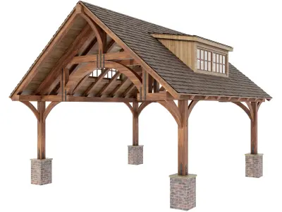 Gazebo wooden carport with roof and windows 3D model