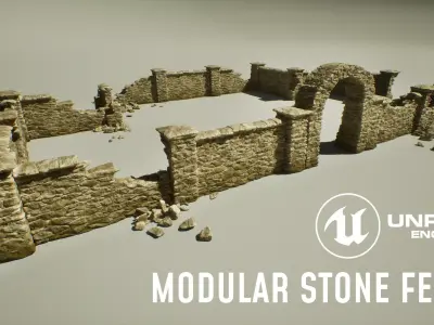 Modular Stone Fence Gameready Low-poly 3D model