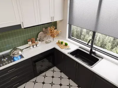 Modern Classic U-Shaped Kitchen with Appliances 3D model