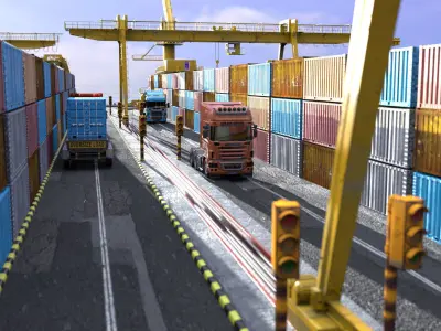 wharf container terminal with trucks and containers 3D model