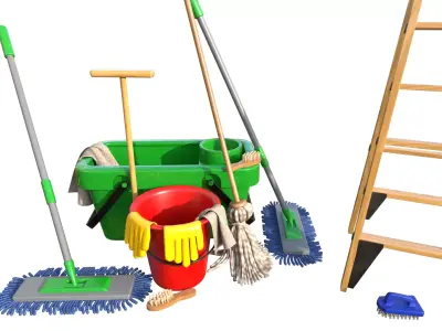 Cleaning Cart With Mop and Buckets Cleaning Products Fur Low-poly 3D model