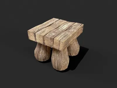 Wooden Benchs and Stools Set Low-poly 3D model