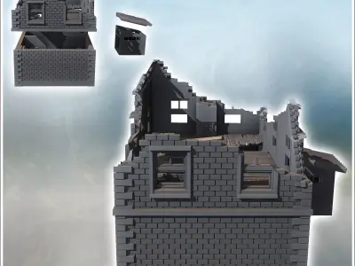 Brick building with two annexes and mansard roof ruined version  3D print model