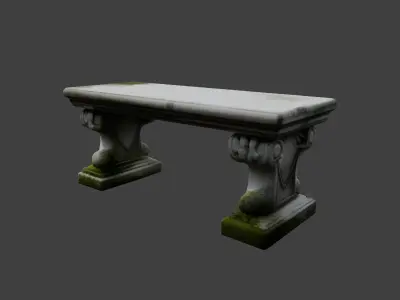 Ornate Mossy Stone Garden Bench 3D model